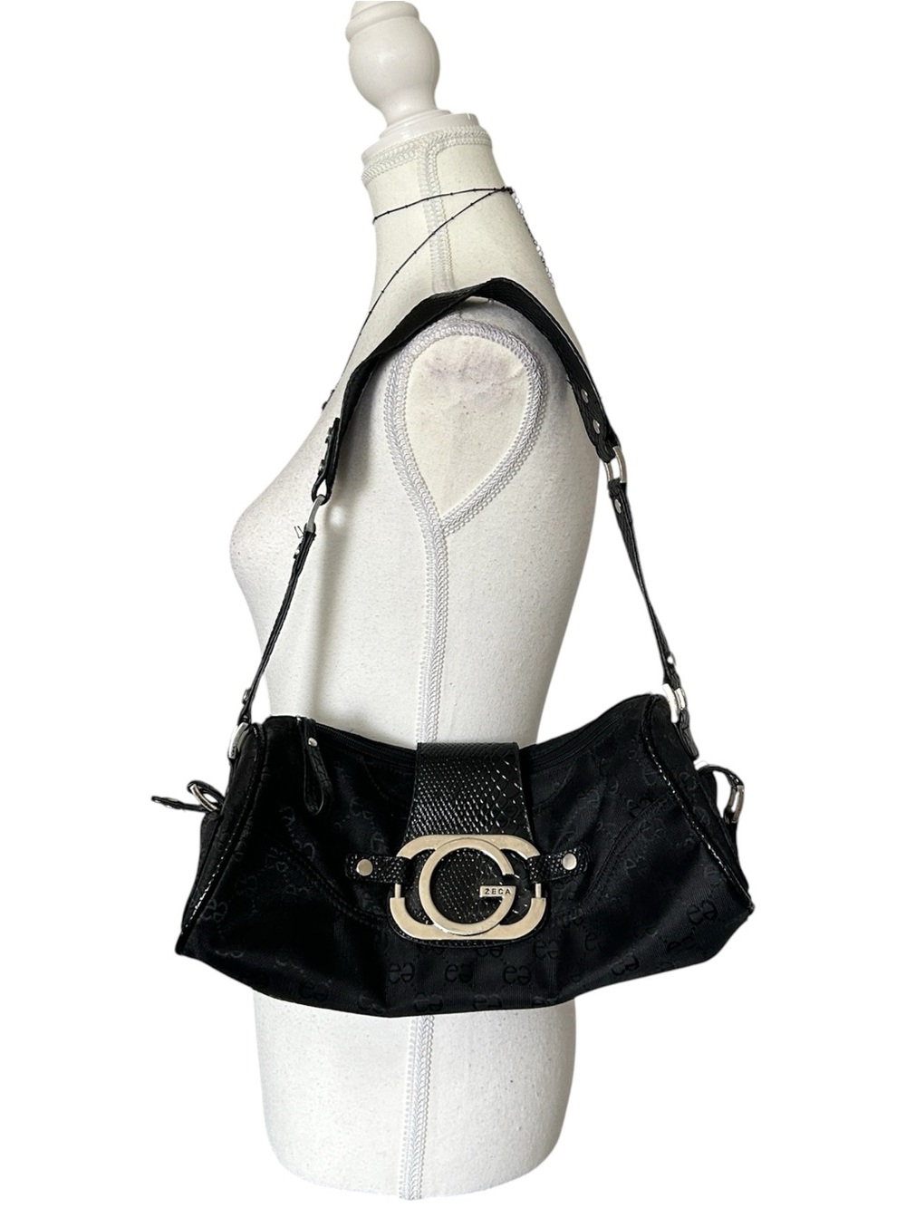 Y2K “Zeca” Black Monogram Print Faux Snakeskin Trim Shoulder Bag